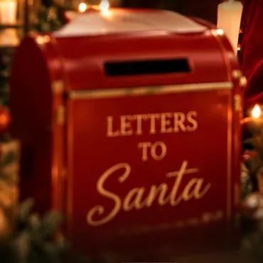 Red 'Letters to Santa' mailbox surrounded by candles and Christmas decor at Maison Tela photo studio, Montreal
