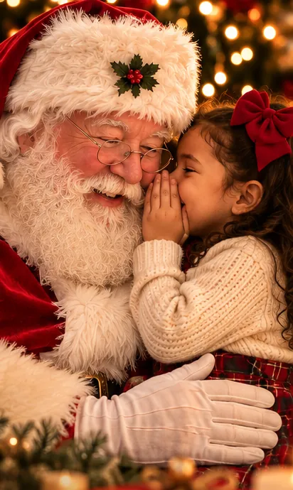 A little girl whispering her Christmas wish to Santa Claus in front of a lit Christmas tree – Santa Experience 2026 at Maison Tela, Montreal